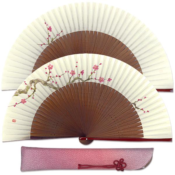 【桐箱】女性用セット扇子 梅 扇子袋付き/手描き京扇子(Ga08)