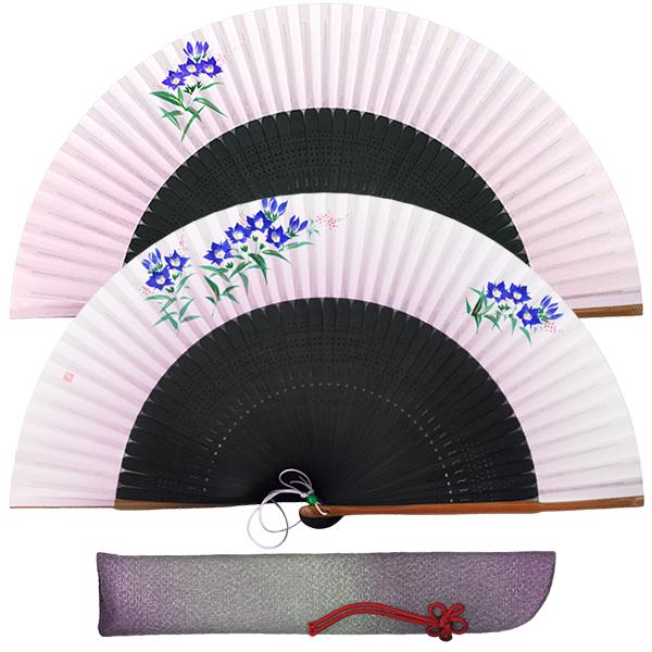 【桐箱】女性用扇子セット りんどう 紫/扇子袋付き(Ga200)