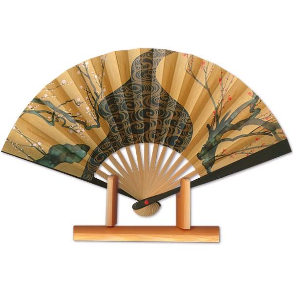 海外向けお土産/台付き茶扇1/紅白梅(Rd001)
