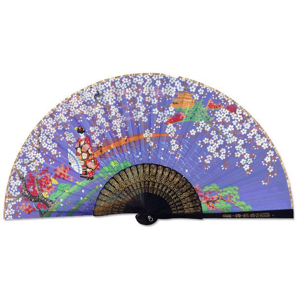 飾り京扇子 サテン扇子 舞扇型 桜金閣に舞妓 青紫 29cm(Z403)