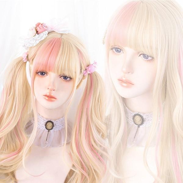 ウィッグ フルウィッグ 長髪 金髪 メッシュ ぱっつん前髪 ロリータ lolita 原宿風 かつら ...