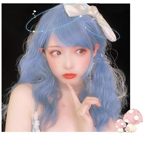 ウィッグ 長髪 巻き髪 ロングウィッグ ブルー ぱっつん前髪 ロリータ lolita ハロウィン 原...