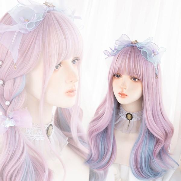 ウィッグ フルウィッグ 長髪 巻き髪 メッシュ ぱっつん前髪 パープル ブルー ロリータ lolit...