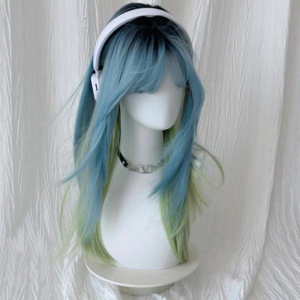 ウィッグ フルウィッグ グラデーション ロングウィッグ ぱっつん前髪 ロリータ 前髪あり ブルー グ...