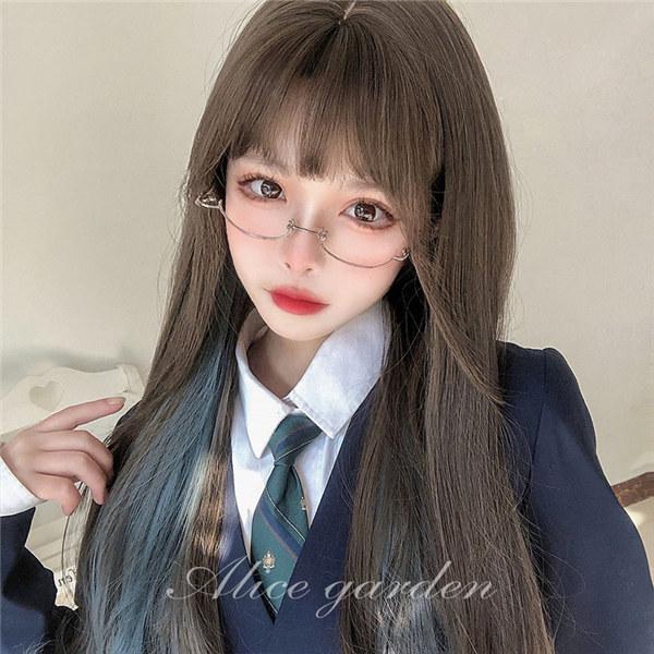 フルウィッグ ロリータ lolita ブラウン×ブルー 茶髪 日常 インナーカラー グラデーション ...