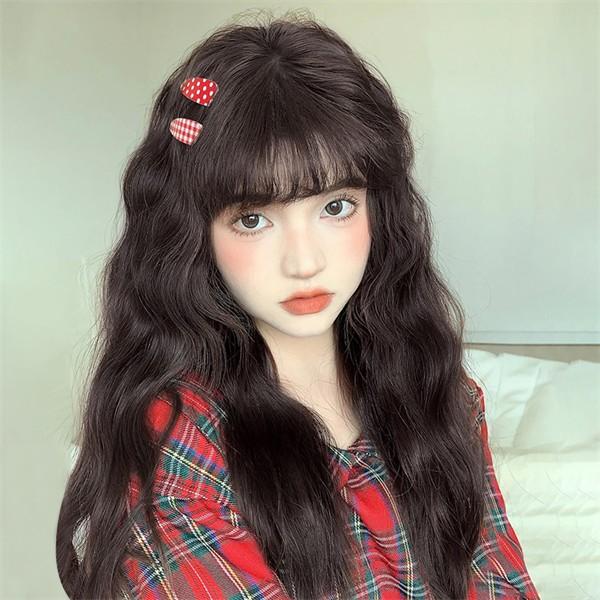 ウィッグ ロング ソバージュ カール ウェーブ 巻き髪 ダークブラウン 茶髪 前髪ぱっつん フルウィ...
