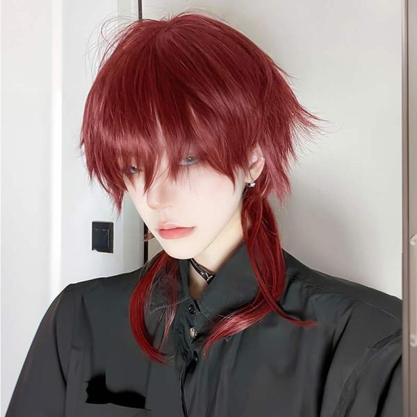 ウィッグ メンズ かつら ショート ウルフ インナーカラー フルウィッグ レッド 男装 赤 男性 原...