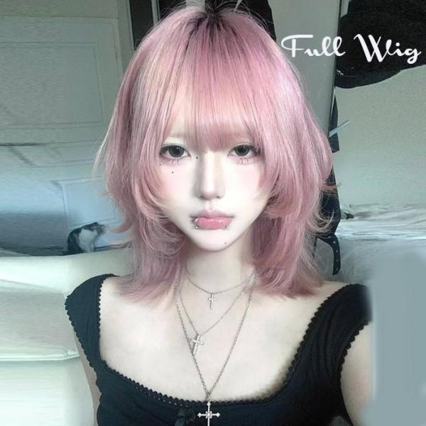 ウィッグ ミディアム レイヤーカット 韓国風 フルウィッグ ピンクベージュ シャギー 前髪あり 自然...