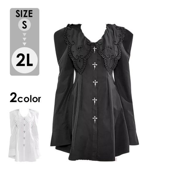 ワンピース レディース バロック風 ドールカラー 金属クロス デザイン 長袖 パフスリーブ ハロウィ...