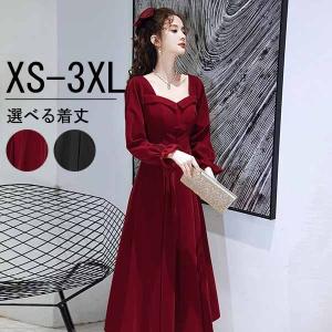 ミモレ丈ドレス パーティードレス ビッグリボン スクエアネック