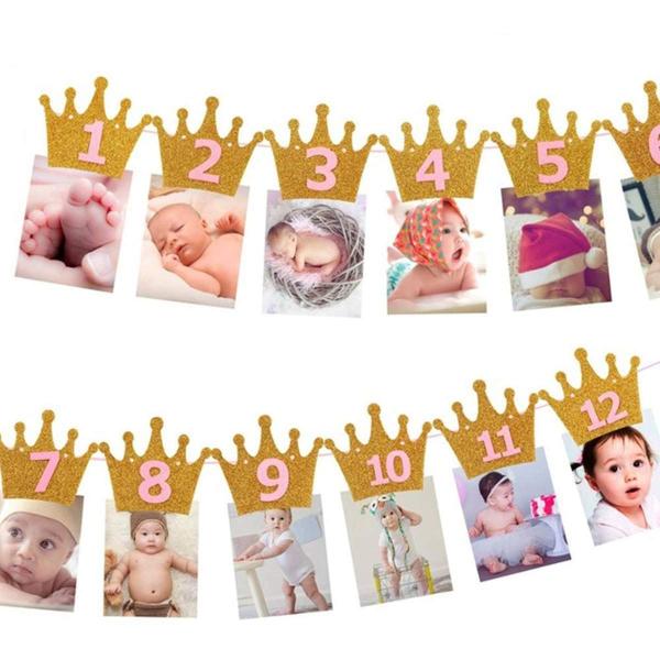 Kingsie ガーランド 誕生日 バナー クラウン キラキラ 写真クリップ 1歳 12月 誕