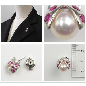 ピンクサファイアの天道虫あこや真珠ペンダントネックレス ピンバッジ K18wg