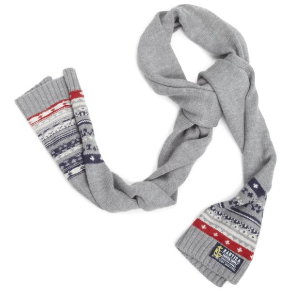 NAUTICAニットマフラー/グレーxネイビーxレッド まふらー/ニット/レディース/メンズ/上品/...