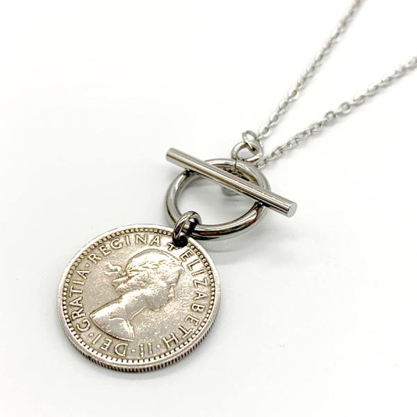 シックスペンスコイントグルネックレス シルバー コインネックレス エリザベス 2世 日本製 送料無料...