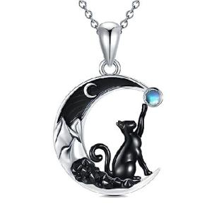 Flpruy Black Cat Necklace 925 Sterling Silver Cres...