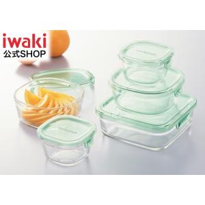 iwaki イワキ パック&レンジ 角型５点セット グリーン 耐熱ガラス 保存 作り置き レンジ オーブン 緑 下ごしらえ 調理 パック｜iwaki-kitchenshop-y