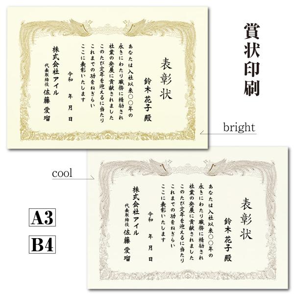 賞状印刷 A3 B4 クリーム色 感謝状 表彰状 賞状 名入れ賞状 御礼 御祝 修了証書