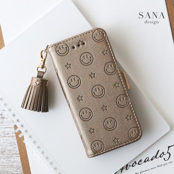 iPhone14 ケース 手帳型 アイフォン14 星柄 スマイリー スマイル 「 ブロンズ エンボス...
