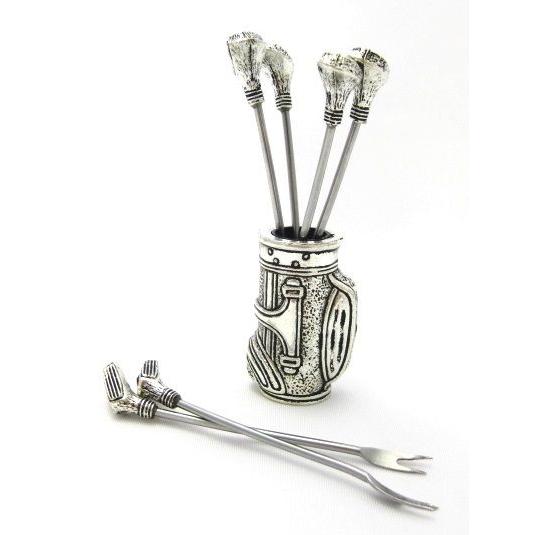 フルーツピック　スペイン製　ゴルフクラブ型ピック6本＆ゴルフバッグスタンド　ヘッド部分：シルバーメッ...