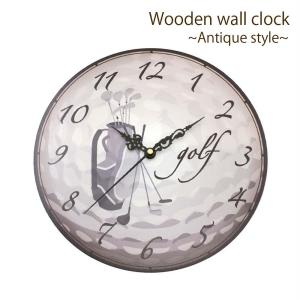 ゴルフ 掛け時計 ウォールクロック 木製 アンティーク風 ゴルフバッグ柄 直径30ｃｍ スイープムーブメント 静音 インテリア ゴルフモチーフ ギフト ゴルフコンペ