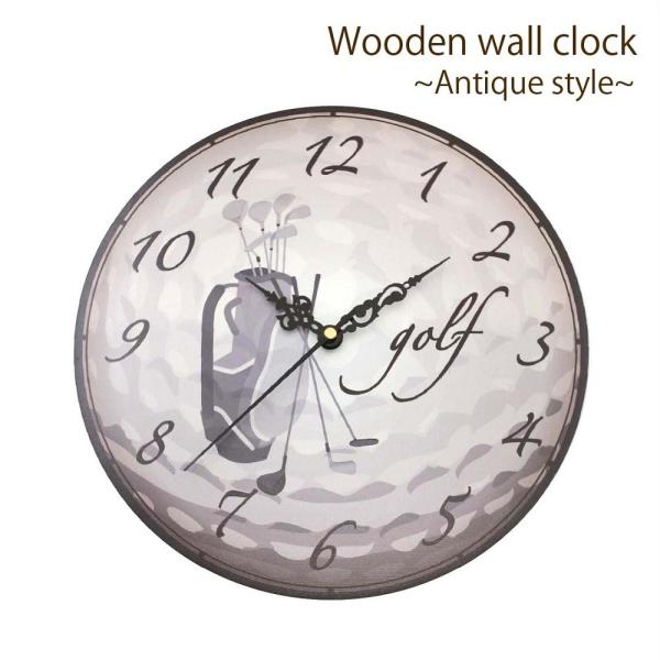 ゴルフ 掛け時計 ウォールクロック 木製 アンティーク風 ゴルフバッグ柄 直径30ｃｍ スイープムー...