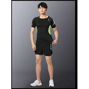 スポーティなデザインのメンズ用水着2点セット！  男性用 半袖トップス レイヤード風パンツ シンプル...