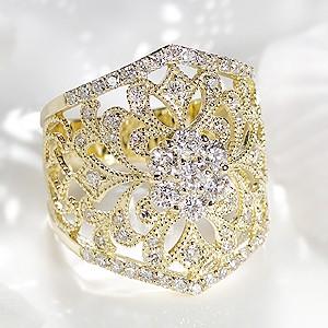 K18YG ゴールド ダイヤモンド ダイヤ 指輪 リング フラワー 花 ミル打ち レース 1カラット...