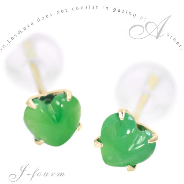 クリソプレーズ ピアス K10 イエローゴールド YG 5月 両耳用 誕生石 ハート カボションカッ...