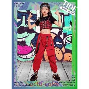 チェック柄 赤 キッズ ダンス 衣装ヒップホッ...の詳細画像1