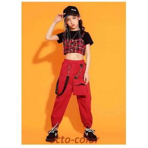 チェック柄 赤 キッズ ダンス 衣装ヒップホッ...の詳細画像2