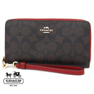 COACH　アウトレット コーチ  C4452 IMRVQ　シグネチャー　ロング ジップ アラウンド　ラウンドファスナー 長財布　ストラップ付き　ブラウン×レッド｜j-sekine2nd