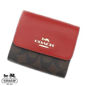 COACH　アウトレット コーチ　CE930 IMRVQ　 シグネチャー カラーブロック スモール ウォレット  小銭入れ付　三つ折り財布　ブラウンブラック×レッド｜j-sekine2nd