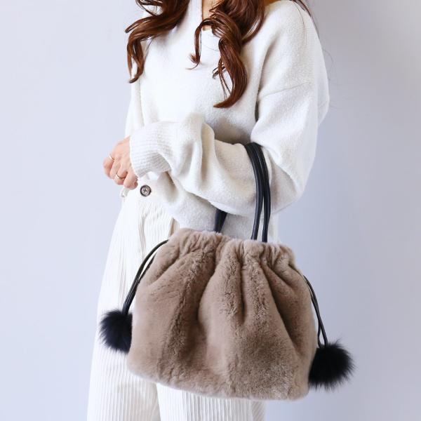 レッキス ファーバッグ 巾着 レディース フォックス ファー ポンポン 付き 秋 冬 ふわふわ ラビ...