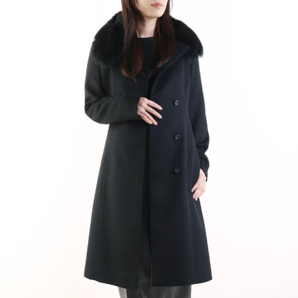 カシミヤ 100％ ダブル ロング コート ブルーフォックスファー 内モンゴル産 比翼仕立て 着丈1...
