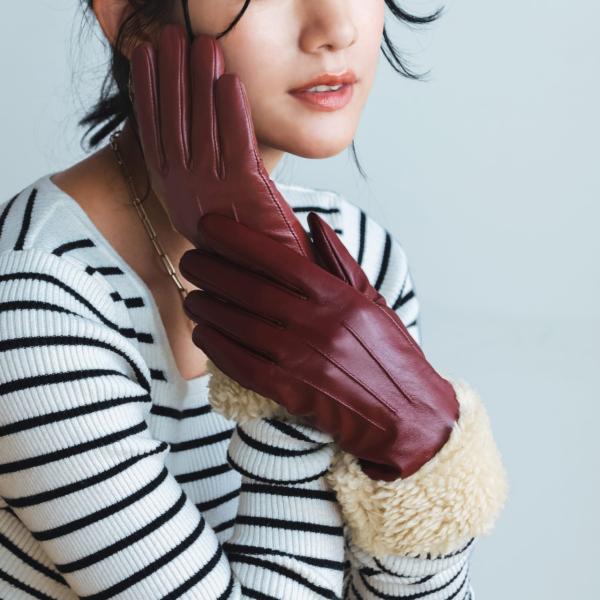 ラムレザー ボア エコファー トリミング 手袋 レディース スマホ対応 防寒 本革 グローブ ［ネコ...