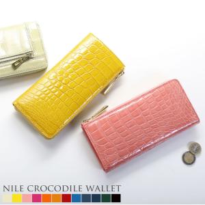 クロコダイル長財布 レディース L字ファスナー ゴールド 金具 シャイニング 加工 アウトポケット付き 全12色(06001552r) 金運