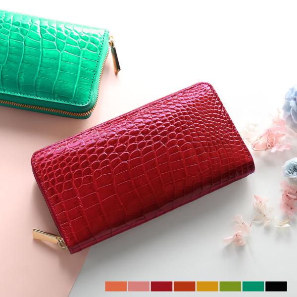 [10%オフクーポン発行中]クロコダイル 長財布 レディース ラウンドファスナー シャイニング 加工...