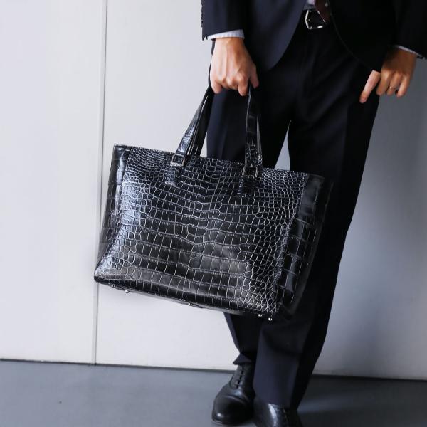 クロコダイル トートバッグ メンズ 日本製 センター取り 幅48cm 肩掛け 自立 ソフト 大きめ ...