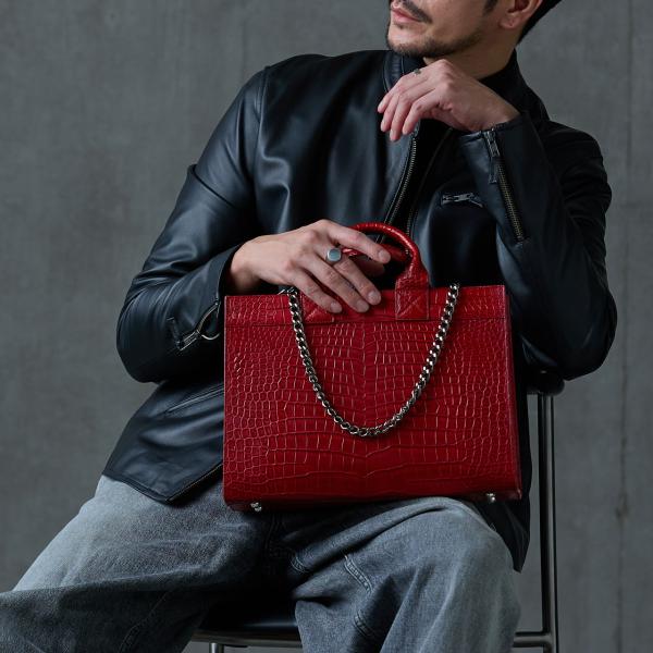 スモール クロコダイル メンズ トートバッグ チェーン付き GranCroco 日本製 B5 サイズ...