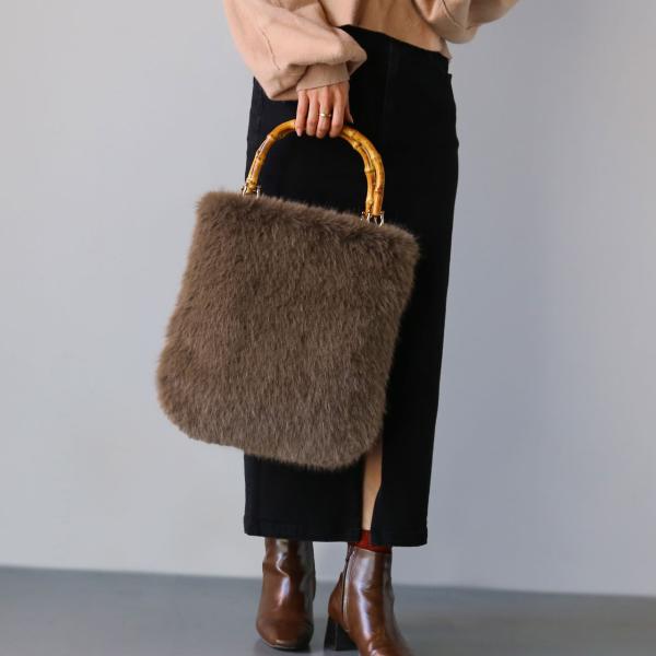 [5%offクーポン]ファーバッグ レディース バンブーハンドル Lサイズ バッグ エコファー ハン...