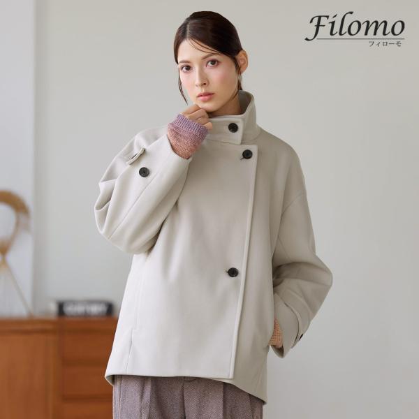 スタンドカラーコート レディース ショート丈 ドロップショルダー 手洗い可能 Filomo フィロー...