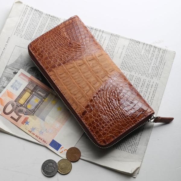 カイマン 長財布 ラウンドファスナー レディース 財布 アウトポケット付き カイマン尾 シャイニング...