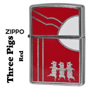 zippo(ジッポーライター)  スリーピッグス　3匹の子豚シリーズ　レッド　片面インクジェット　#200FBブラッシュクローム　200-PIGRED  ギフト（ネコポス対応）｜jackal