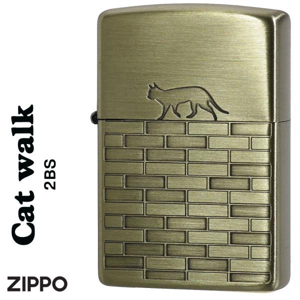 在庫限りで終了 ZIPPO ジッポーライターCAT walk 真鍮古美　エッチング　両面加工　猫　ギ...