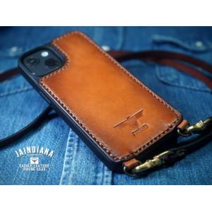 サドルレザーiPhone13/14/15/16/17ケース ネックストラップ付き ビンテージ染めライトブラウン