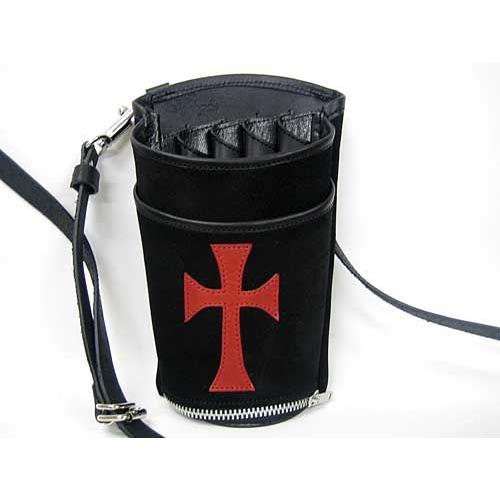 クロス（十字架） シザー ケース 黒 × 赤クロス 5丁 差し （ 革 ベルト 付 ） 本革 （ レ...