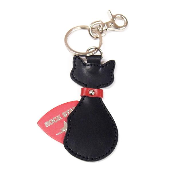 猫型 ピック ケース キーホルダー 黒 （トライアングル型ギターピック付） 本革 （レザー）製 JA...