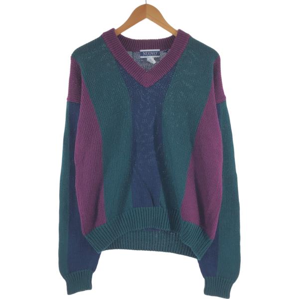 古着 NUOVO クレイジーパターン Vネック コットンニットセーター メンズM相当 /eaa449...