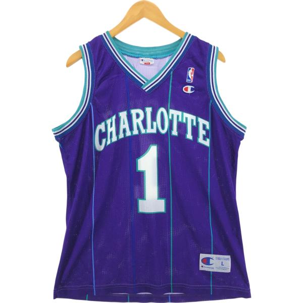 古着 90年代 チャンピオン NBA シャーロット ホーネッツ ストライプ柄 メッシュ Vネック ゲ...