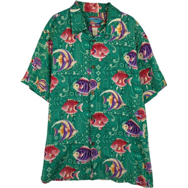 古着 80~90年代 JOE KEALOHA 総柄 魚柄 オープンカラー ハワイアンアロハシャツ ボ...